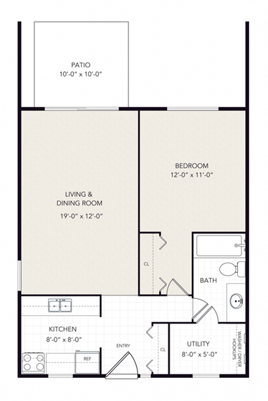 Floor plan for 1 bed, 1 bath, 540 sqft